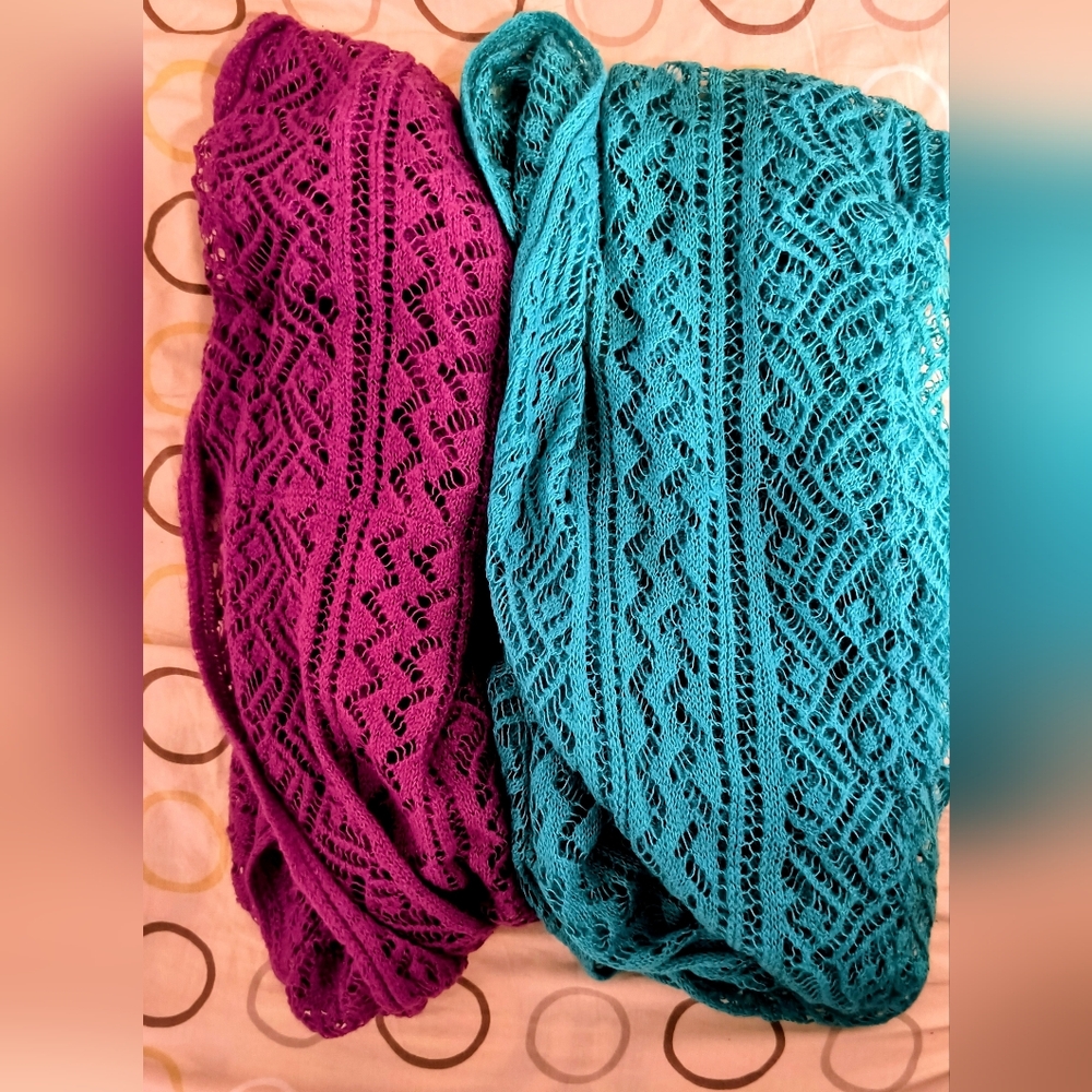 Vibrant Lace Knit Scarves in Purple and Teal